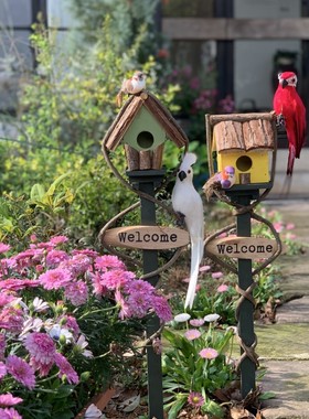户外庭院创意花园插牌地插别墅wlcomGe欢迎牌鸟屋藤木草坪装饰摆