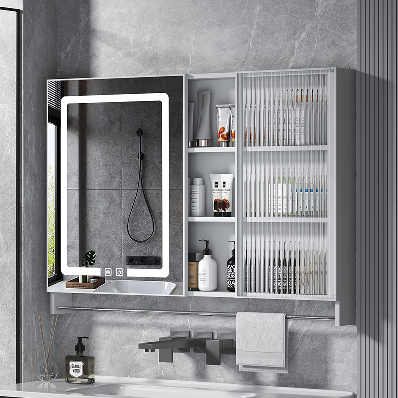 太空铝智能浴室镜柜单独挂墙式卫生间镜箱带灯玻璃门收纳储物镜子 - 图2