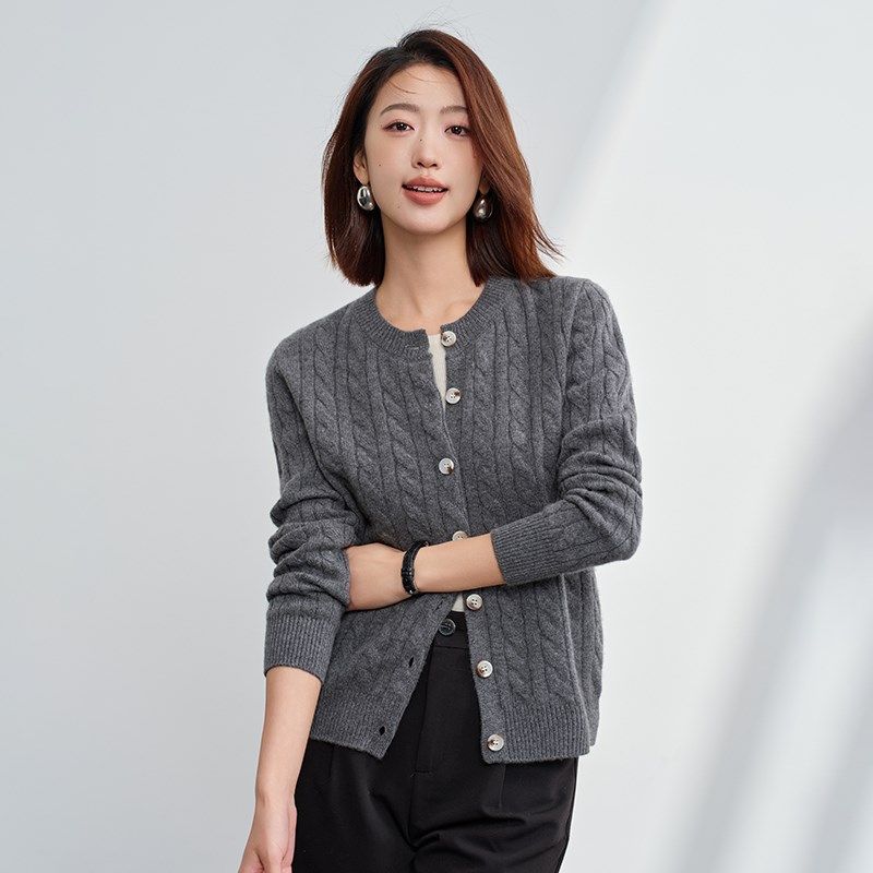 24秋冬新款100纯山羊绒衫女圆领麻花开衫宽松时尚外搭针织打底衫,淘宝优惠券,粉丝福利购,淘宝优惠卷