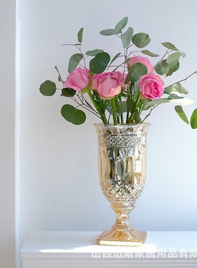 复古浮雕电镀透明玻璃花瓶高脚杯加厚大号水晶水养插花水晶装饰品