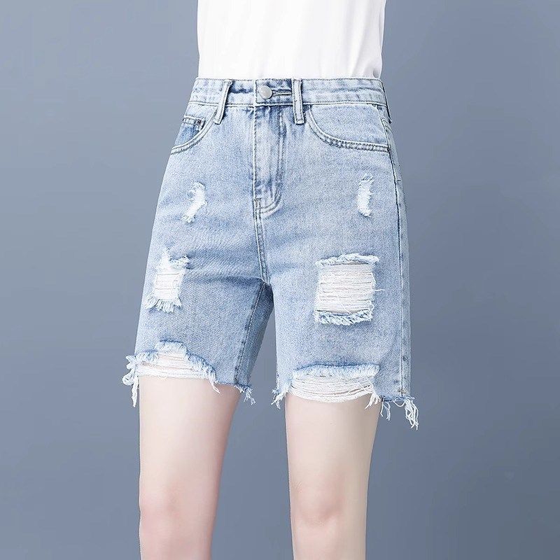 五分牛仔短裤女直筒宽松夏季薄款新款高腰5分阔腿破洞中裤子简约,淘宝优惠券,粉丝福利购,淘宝优惠卷