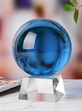 高档大小天蓝色水晶球摆件 开业礼品乔迁祝福卧W室客厅装饰品