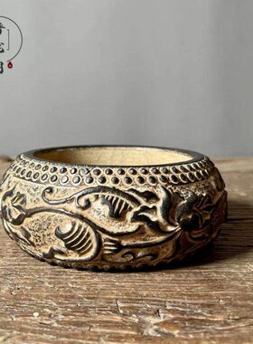 山西新款青石手工雕刻缠枝莲鱼盆 蒲草案头摆件家居装饰复古陈设