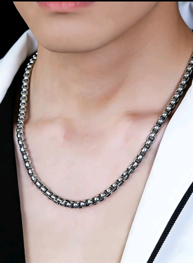 古巴链钛钢方珍珠项链 个性简约男士颈链 嘻哈风小众设计感配饰