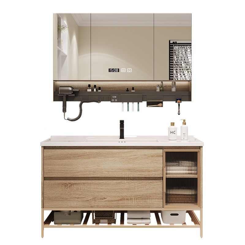 原木风陶瓷一体智能浴室柜镜柜组合卫生间落地式卫浴柜洗脸洗手盆,淘宝优惠券,粉丝福利购,淘宝优惠卷