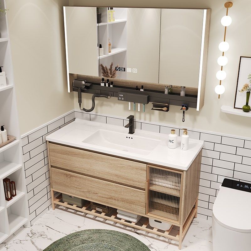 原木风陶瓷一体智能浴室柜镜柜组合卫生间落地式卫浴柜洗脸洗手盆,淘宝优惠券,粉丝福利购,淘宝优惠卷