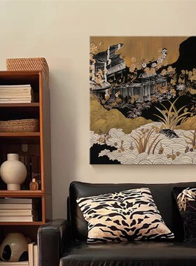 闲庭 中古风装饰画法式复古玄关摆柜挂画新中式客厅沙发背景壁画