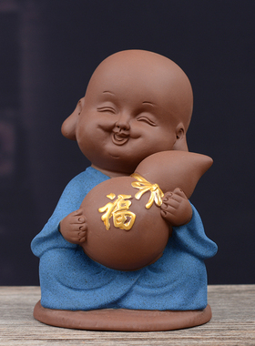 陶瓷紫砂可爱童趣小和尚家v居桌面茶玩摆件苍蝇寓意一定赢车载装