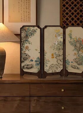 中古风墨竹小屏风桌面摆件新中A式办公室茶桌玄关柜装饰品覆古摆