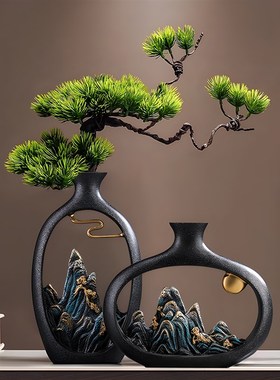 新中式禅意博古架装饰品山水花瓶摆件客厅酒柜家居V江山花瓶工艺