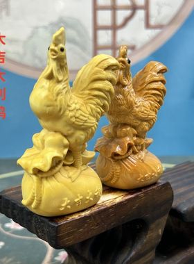 黄杨木雕生肖鸡摆件新中式