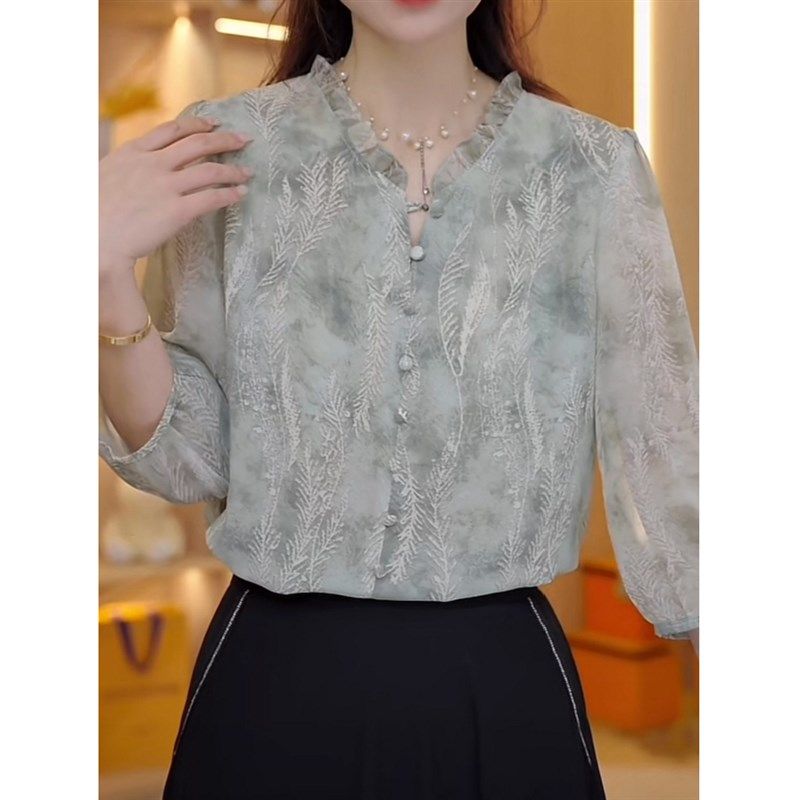 时尚洋气质百搭显瘦小衫2024夏季新款减龄遮肉七分袖碎花雪纺衬衫,淘宝优惠券,粉丝福利购,淘宝优惠卷