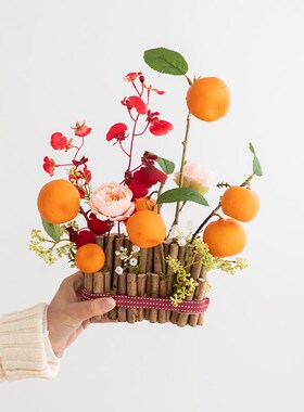 阿楹 玄关乔迁假花摆件新年冬青红果盆栽仿真P花干花结婚福桶装饰