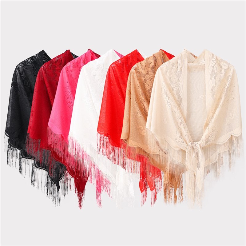 蕾丝三角巾空调房斗篷夏季防晒时尚百搭贵妇旗袍披肩流苏搭配裙子 - 图0