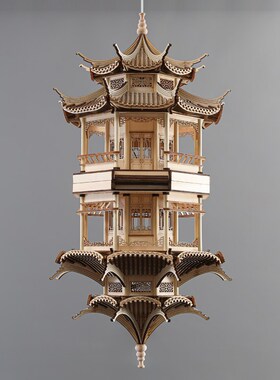 新中式实木古建筑八角亭装饰摆设品书房客厅玄关酒店庭院倒影摆件