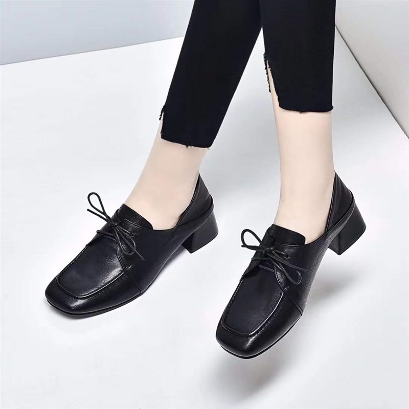 2024新款女鞋软皮羊皮粗跟深口单鞋中跟真皮英伦风系带小皮鞋春秋 - 图1