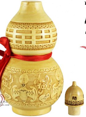 临 门14雕刻开口桌面摆件桃木 五福葫芦 招财cm 工艺品