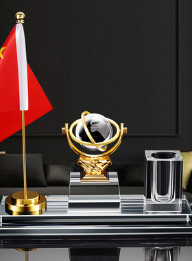 红旗水晶笔筒e摆件老板办公室桌面装饰工艺品公司开业乔迁商务礼