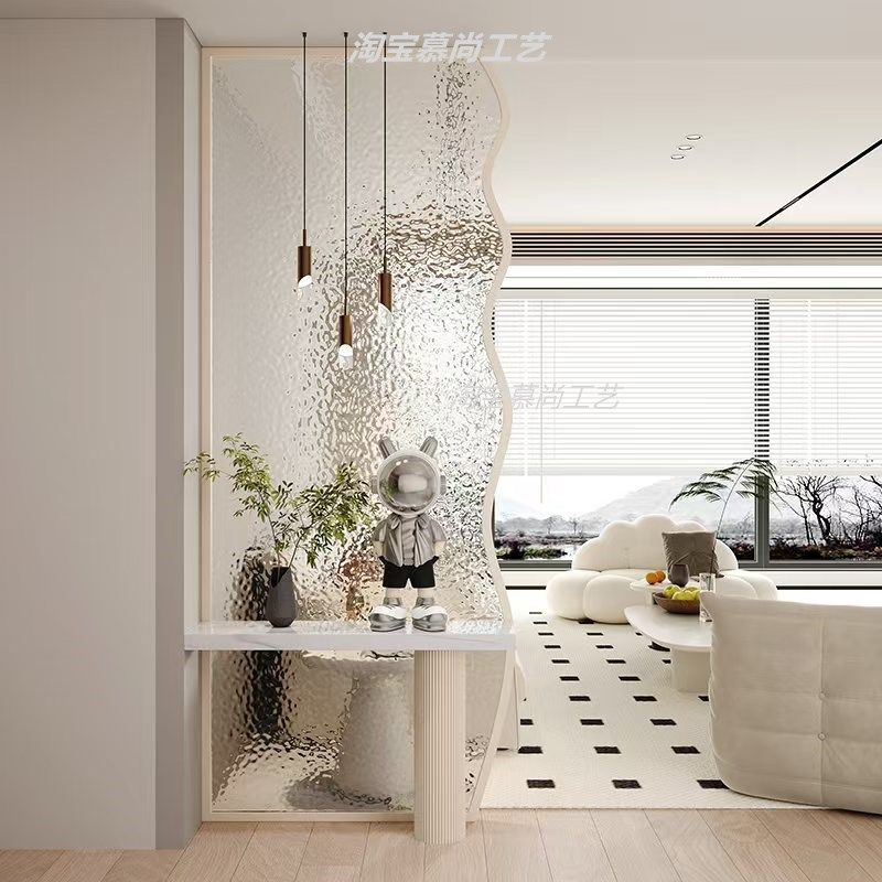 奶油风轻奢高级感玄关柜入户正对门玻璃屏风隔断客厅X简约装饰遮 - 图0