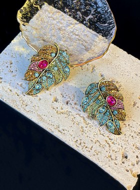 镶钻中古树叶耳环项链套装高级感法式复古气质珍珠时尚毛衣链女