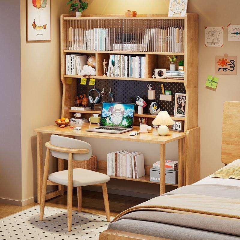 实木书桌书架一体卧室床边带洞洞板学习桌可折叠置物办公电脑桌子 - 图0