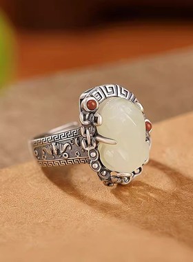 S925银和田玉貔貅n戒指女复古民族风做旧招财转运活口唐草纹食指