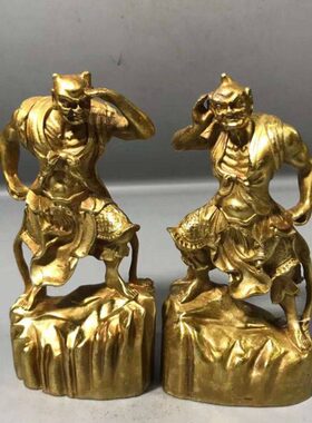 古玩收藏铜合金鎏金千里眼顺风耳佛像摆件一对 居家佛堂用