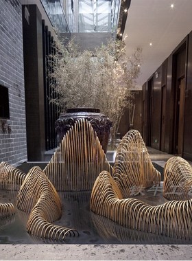 不锈钢金属雕塑定制大型假山摆件C酒店会所铁艺落地户外中式艺术