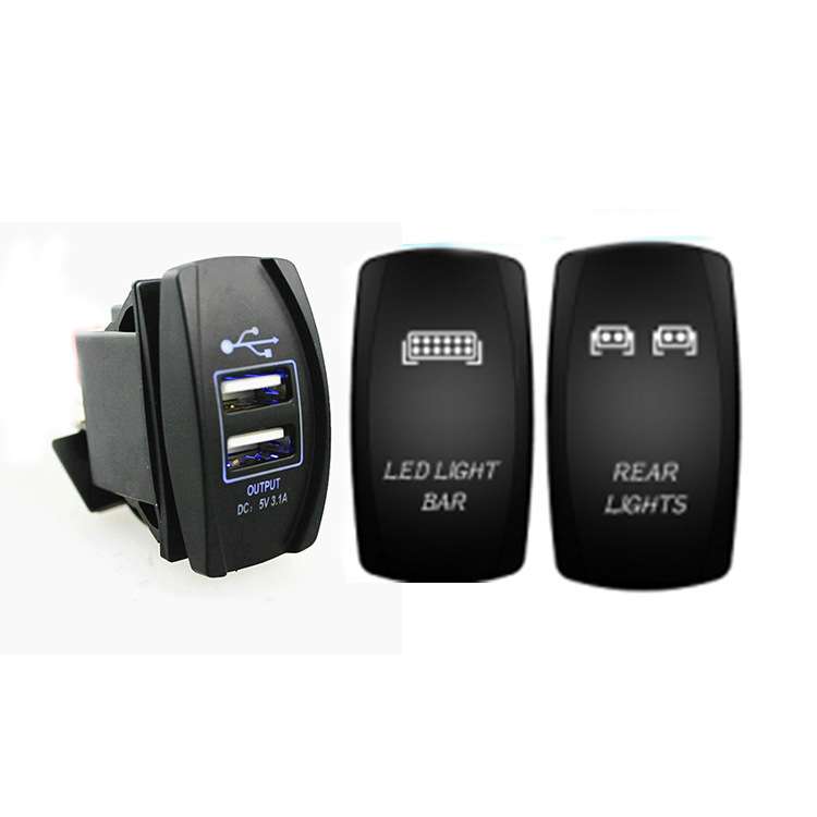 1X开关式 5V  3.1A 车充  +2X 5PIN ON-OFF镭雕图案开关组合 蓝灯 - 图0
