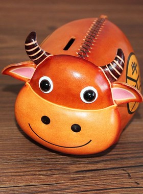 手缝线牛皮存钱罐萌牛卡通12生肖桌面摆件真皮防摔储蓄罐日常送礼