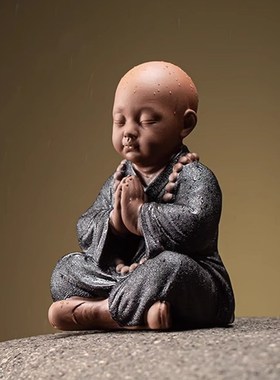 细紫砂四小和尚饰品创意陶瓷架办公饰品禅宗茶几装饰礼品