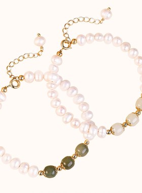 天然淡水珍珠手链天然三颗和田青玉手饰女生小众设计感闺蜜送礼物