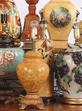 孤品-欧式复古陶瓷树脂灯座客厅书房摆设酒店样板间台灯装饰摆件