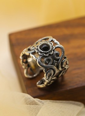 复古国潮图腾e花纹戒指s925银做旧镂空花纹宽版食指戒子开口指环