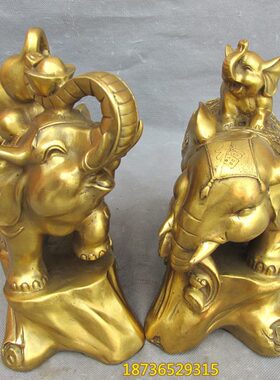 纯铜大象一对旺财纳福母子葫芦象纯黄铜大象家居装饰工艺品摆件