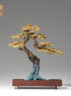 迎客松铜摆件新中式家居r客厅玄关电视柜博古架铜器装饰品乔迁摆