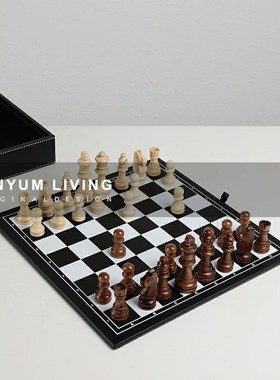 欧式复古黑d白格国际象棋摆件样板间客厅书房博古架棋盘装饰工艺