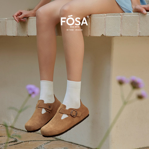 FOSA（女鞋）张元英同款学生勃肯鞋外穿春秋真皮全包女士一脚蹬鞋 - 图2