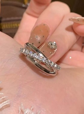 三圈叠戴素圈戒指女轻奢高级感锆石戒指女学生党开口尾.戒女食指