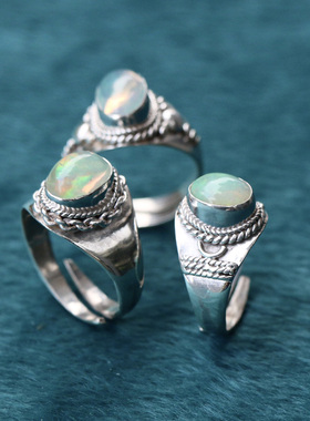 尼泊尔手工饰品银欧珀欧泊石戒指开口简约复古P创意个性藏式民族