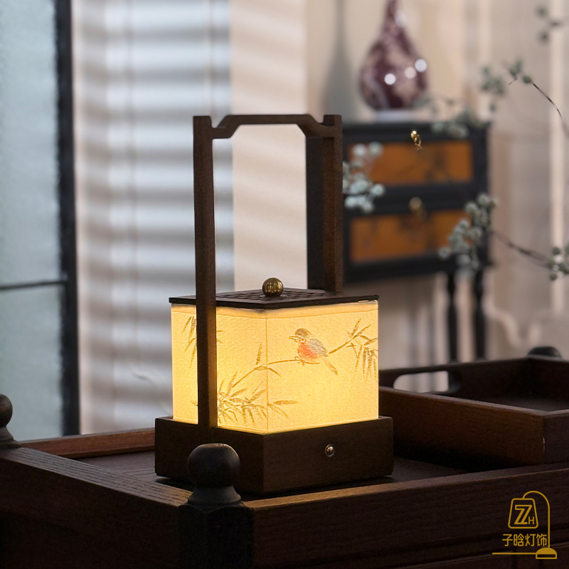 新中式复古风手绘台灯实木户外便捷手提灯书房禅意茶室充电装饰灯