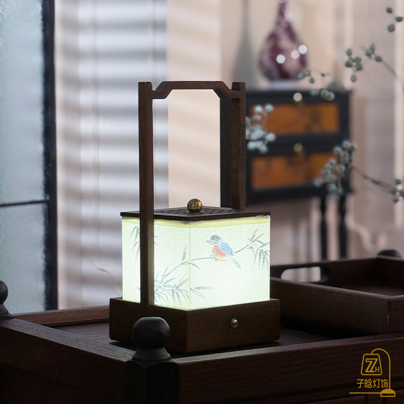 新中式复古风手绘台灯实木户外便捷手提灯书房禅意茶室充电装饰灯