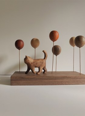 软萌治愈系 实木气球p 朦胧猫木制手作氛围玄关车载装饰 桌面摆件
