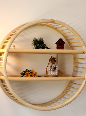 新中式墙面创意置物架墙上圆形展示架装饰民宿茶室书房背景墙