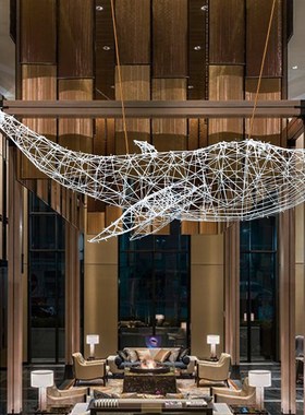 悬挂不锈钢镂空鲸l鱼海豚雕塑大型售楼部酒店吊饰网格动物水景摆