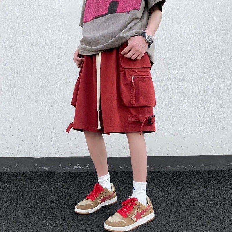美式复古酒红色工装短裤男夏季潮牌机能裤子宽松阔腿过膝六七分裤,淘宝优惠券,粉丝福利购,淘宝优惠卷