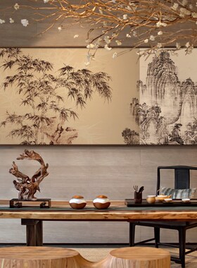 新中式客厅沙发背景装饰画别墅样板房石竹双清图大幅尺寸高档挂画