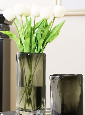 艺术玻璃花瓶烟灰色现代玄关餐桌花瓶客厅花器插花高级感装饰摆件