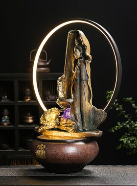 赐福观音佛像流水金蝉鱼缸盆景摆件简约家居客厅玄关桌面装饰夜灯