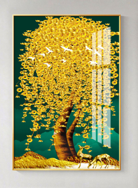 现代简约玄关装饰画轻奢入户正对墙面壁画走廊过道发财摇钱树挂画